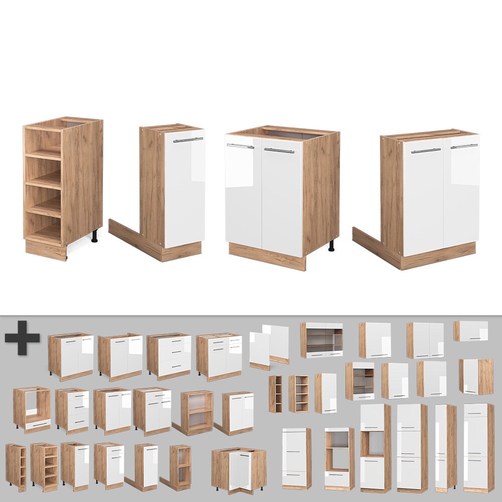 Vicco Kücheninsel Küchenblock Einbauküche Fame-Line Eiche Weiß 90 cm modern Hochglanz Küchen Schränke Regalunterschrank Küchenunterschrank Regalinselunterschrank Softclose-Scharnier Küchenmöbel