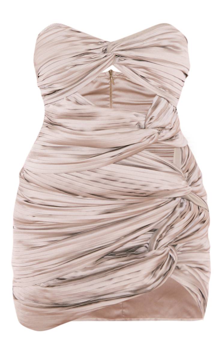 Pale Khaki Robe Moulante Bandeau En Satin Plissé À Découpes Et Détail Noué
