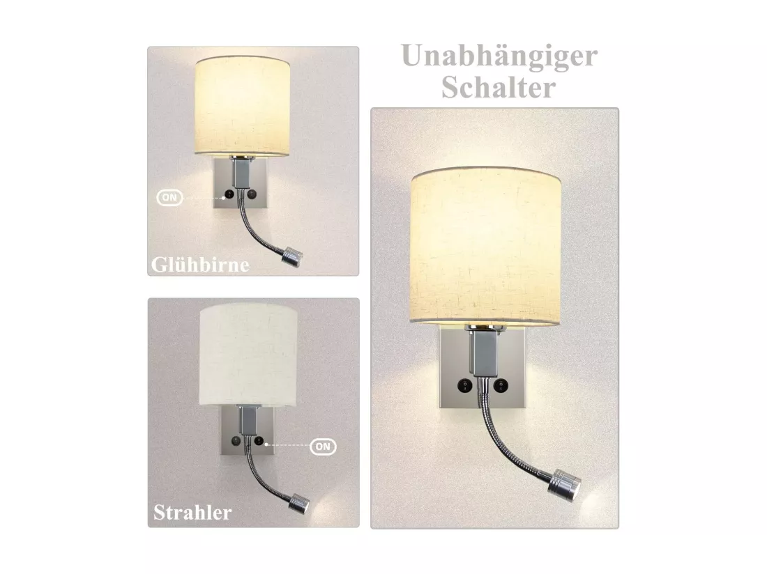 NETTLIFE Applique LED avec interrupteur, applique murale d'intérieur, lampe de lecture, abat-jour en tissu, lampe de lit orientable