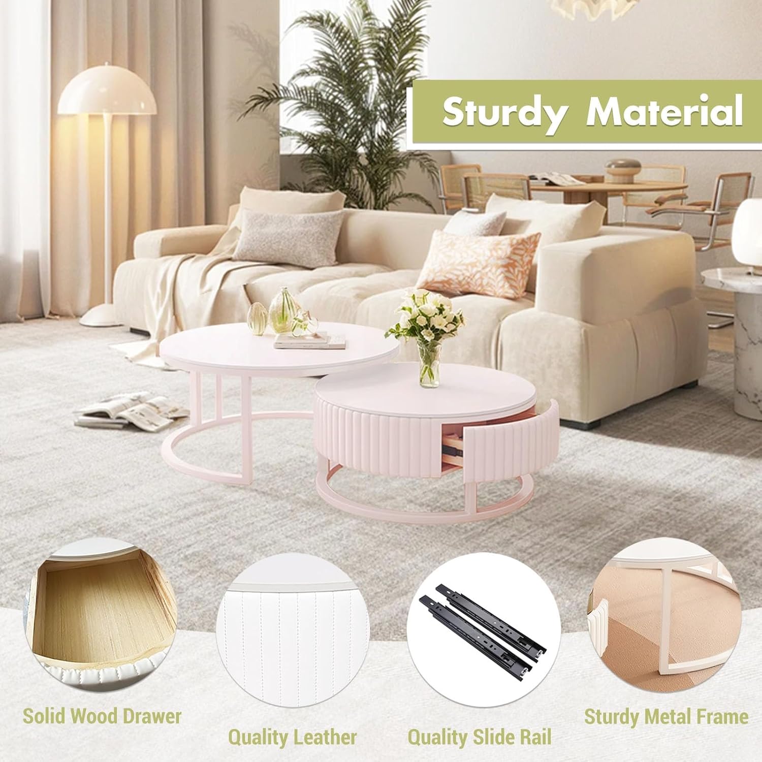 Runder Couchtisch Weiss 2er Set Marmor Couchtisch Rund Mit Stauraum 50+70cm Satztische Fürs Wohnzimmer Modern Couch Tisch Wohnzimmer Weiß Couchtische Holz Schublade Stabiler Metallrahmen