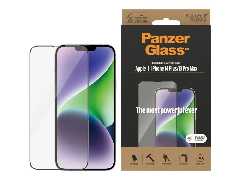 PanzerGlass™ | Antibacterial - Skærmbeskytter for mobiltelefon - Ultra-Wide Fit - rammefarve sort | Apple iPhone 13 Pro Max/14 Plus