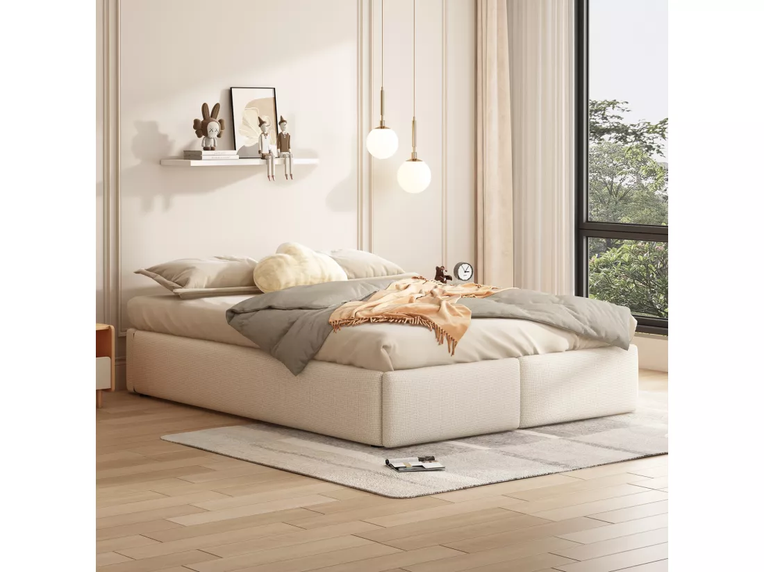 Lit coffre 160x200cm en tissu lin avec 2 tiroirs - sommier à lattes - sans tête de lit - Beige