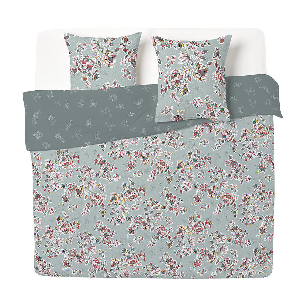 Parure de lit 2 personnes 260x240cm réversible motif floral vert et rose