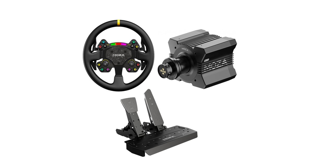 MOZARS V2 stuurwiel + R12 V2 stuurbasis + SR-P Pedal Set (Throttle + Brake) Bundel  (Zwart, Basis, stuur en pedalen)