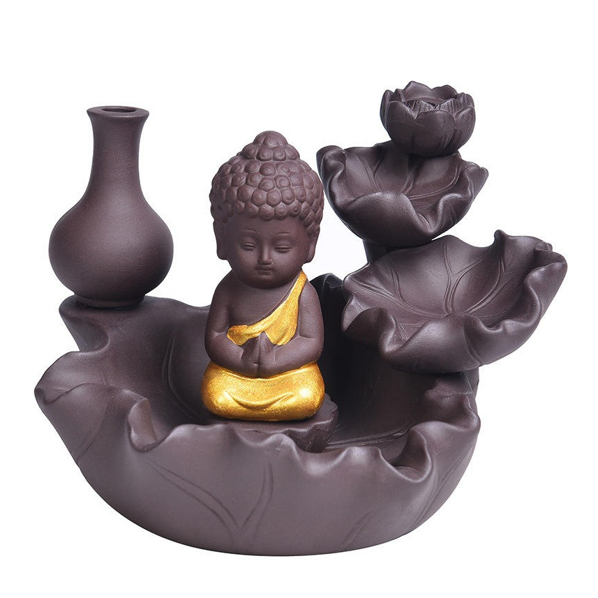(14x10cm) Keramik Buddha Räuchergefäss Zen Weihrauch Brenner Home Deko Räucher Brunnen - Braun / Gold