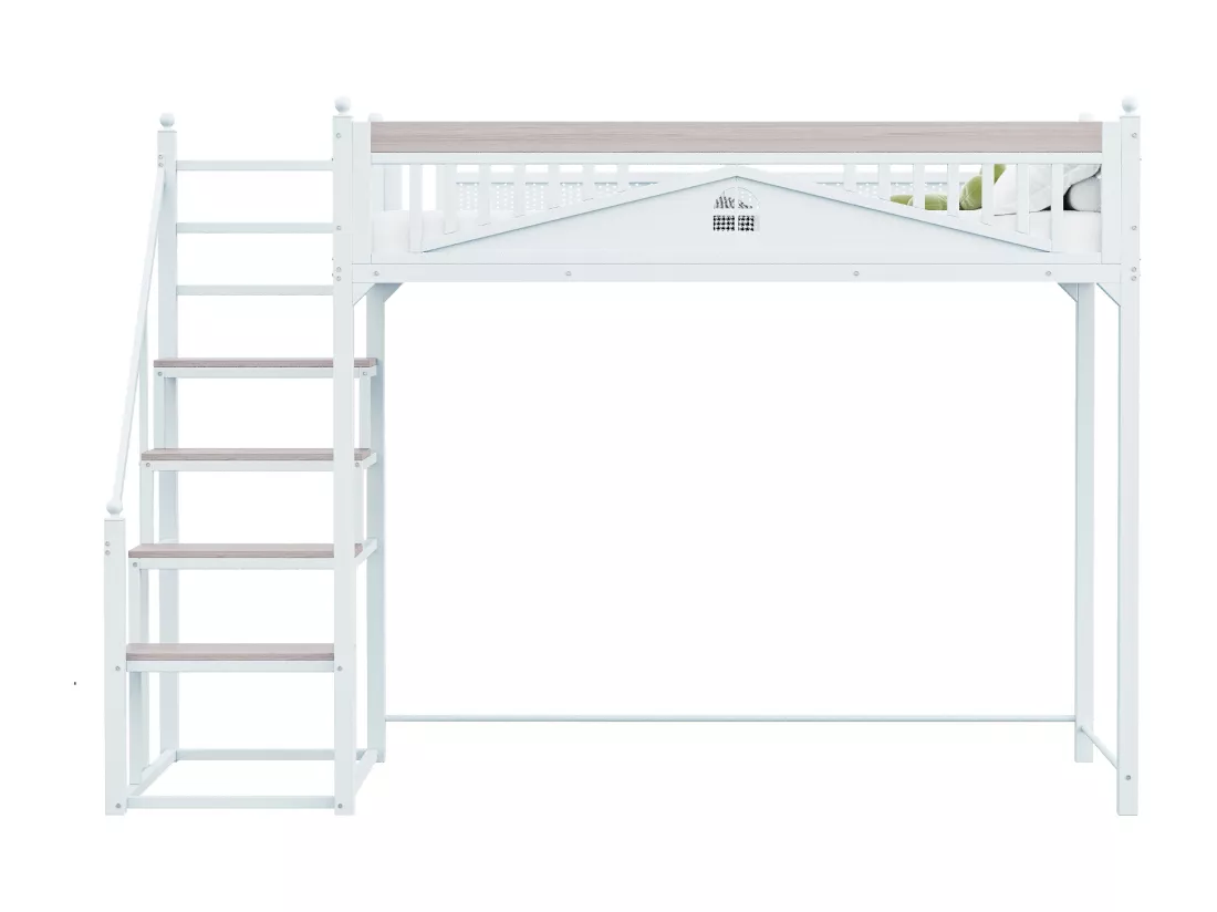 Lit mezzanine en métal 90x200cm - avec échelle modulable - Blanc (matelas non inclus)