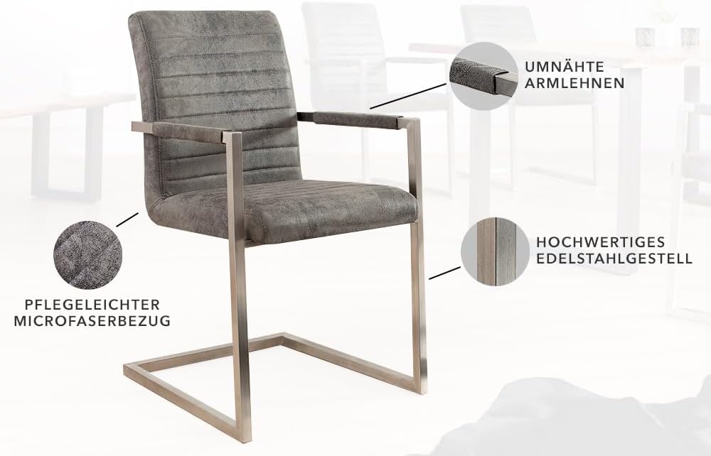 invicta INTERIOR riess-Ambiente Freischwinger Stuhl LOFT Vintage grau mit gepolsterten Armlehnen und Edelstahlgestell Esszimmer Stuhl Esstischstuhl Microfaserstuhl