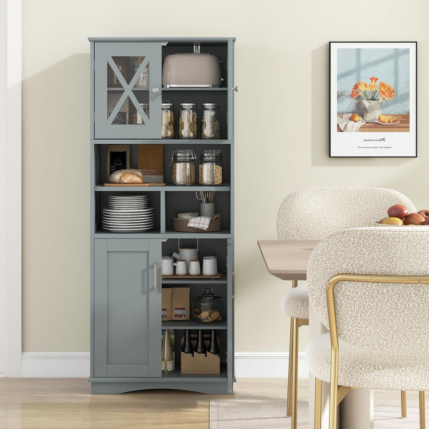 COSTWAY Badezimmerschrank, Badschrank Hochschrank mit 3 verstellbaren Regalen & 4 Türen, Aufbewahrungsschrank Holz für Badezimmer, Wohnzimmer & Küche, 60 x 30 x 145 cm (Grau)