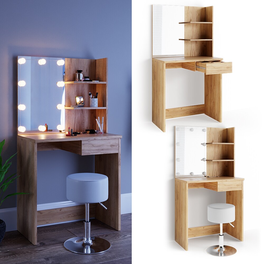 VICCO LED Schminktisch DEKOS Frisiertisch Kommode Kosmetiktisch Eiche Hocker