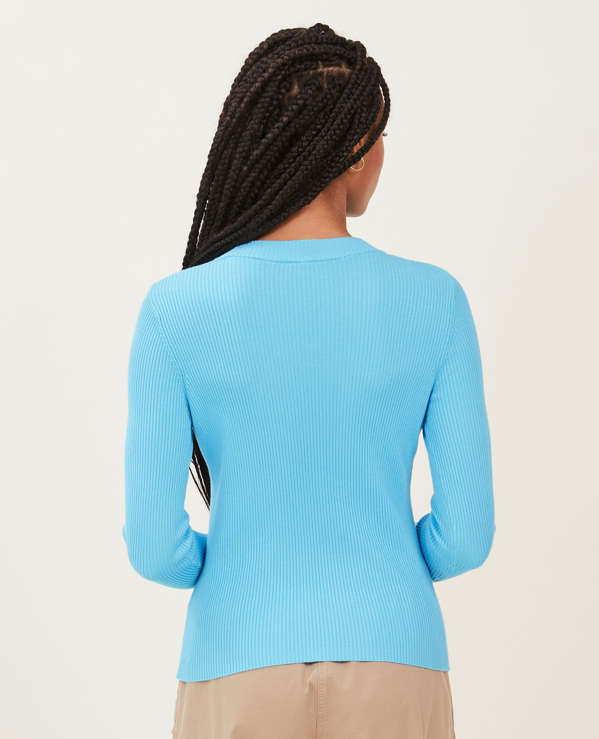 Pull col rond maille côtelée - Bleu turquoise
