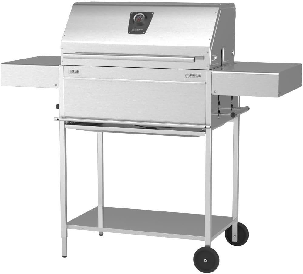 Schickling Holzkohlegrill 'Walter XL - Classic' BBQ Grillwagen aus hochwertigem Edelstahl mit doppelwandigem Grilldeckel - Made in Germany: 5-Fach verstellbar, 4-teiliger Rost, Grillfläche: 71x45cm