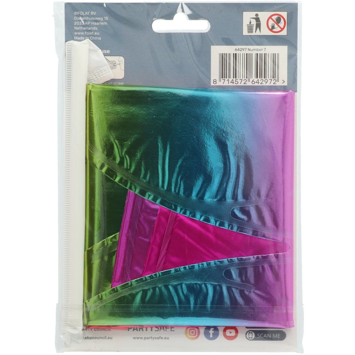 Folie Ballon Cijfer 7 Regenboog met standaard 72cm
