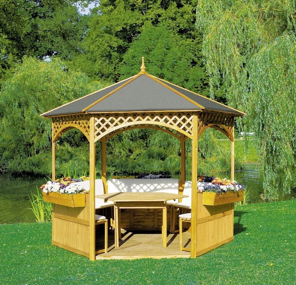 Pavillon Marion II, Holz/Dachpappe, 278x278cm, mit Möbeln, Gartenpavillon, Pavillonset, Garten, Gartenmöbel, Gartenausstattung, Holzpavillon