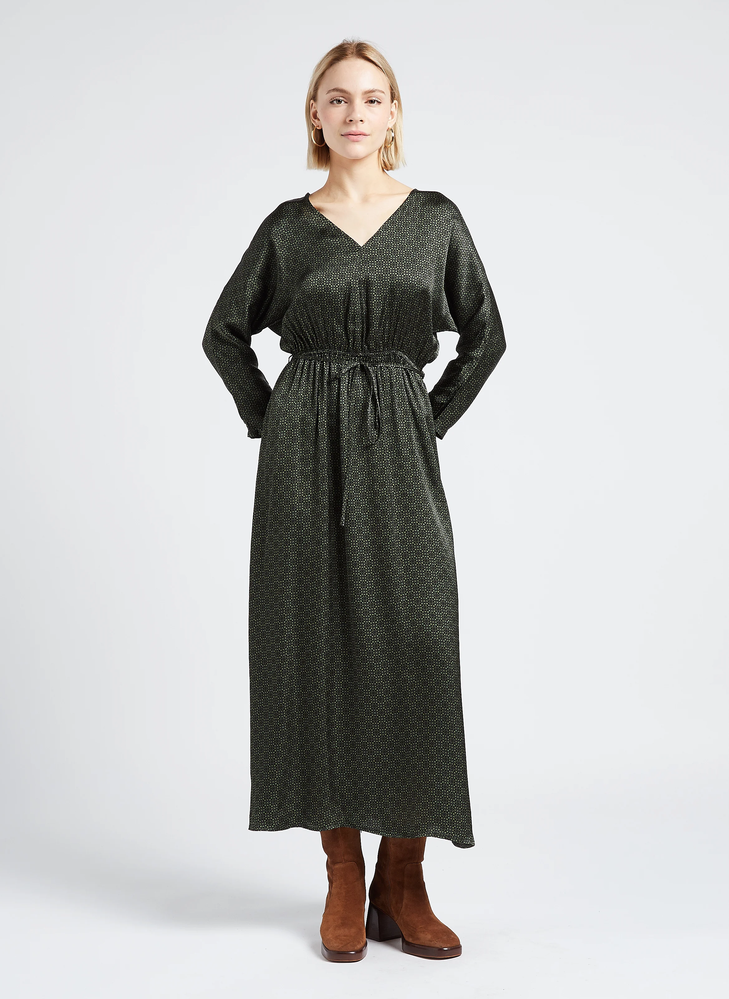 LUNA - Robe midi col V imprimée| Vert