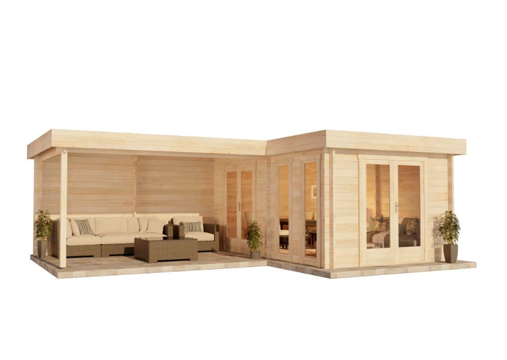 Alpholz Quinta ISO platdak tuinhuis, houten tuinhuis met 44 mm wanddikte inclusief lessenaarsdak, blokhut met bevestigingsmateriaal, natuurlijke afwerking, 7x5m