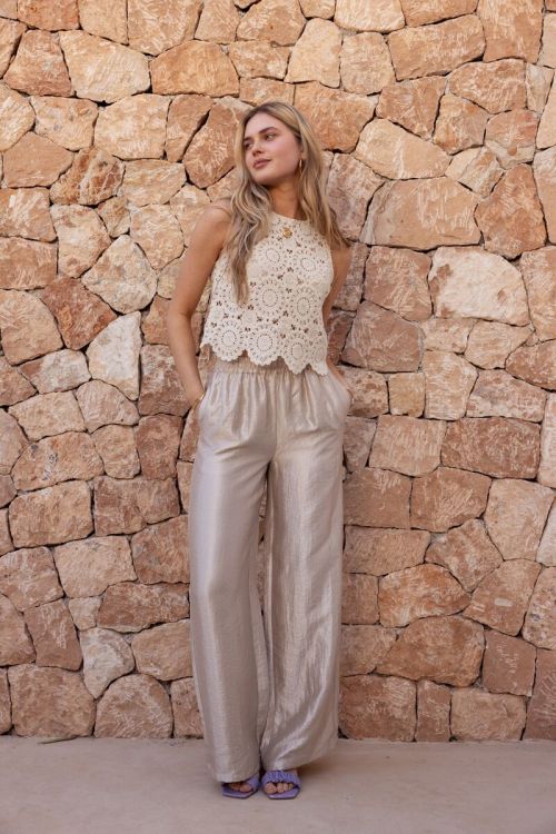 Beige wide leg broek satijnen look