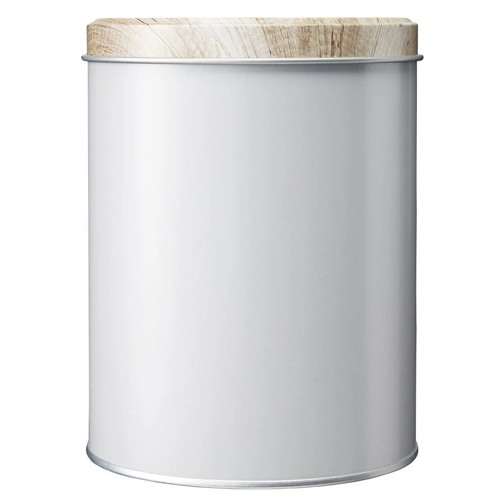 Boîte ronde en métal gris avec couvercle effet bois