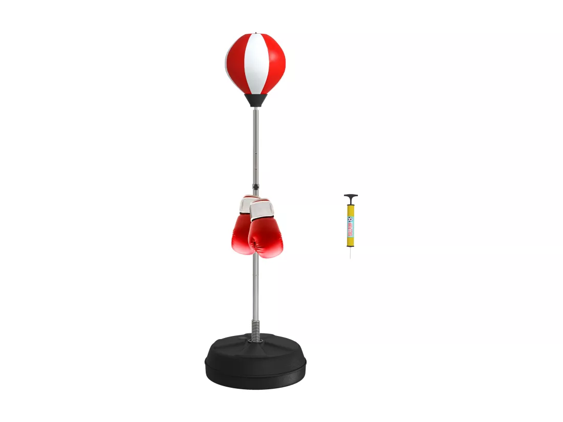 Punching ball sur pied réglable en hauteur 126-144 cm avec gants, pompe et base de lestage rouge blanc