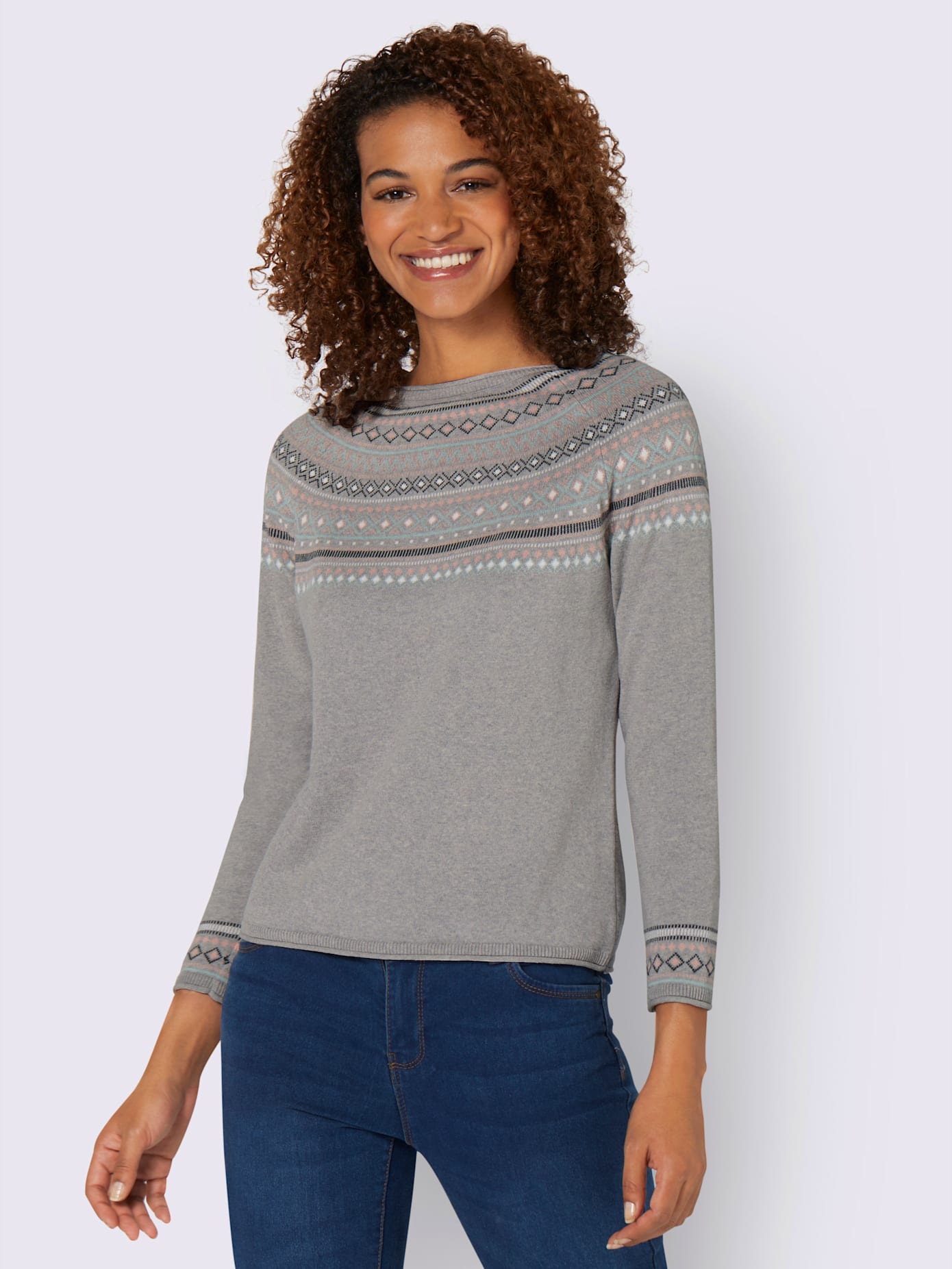 Pull au motif norvégien en jacquard col rond avec bordure ondulée