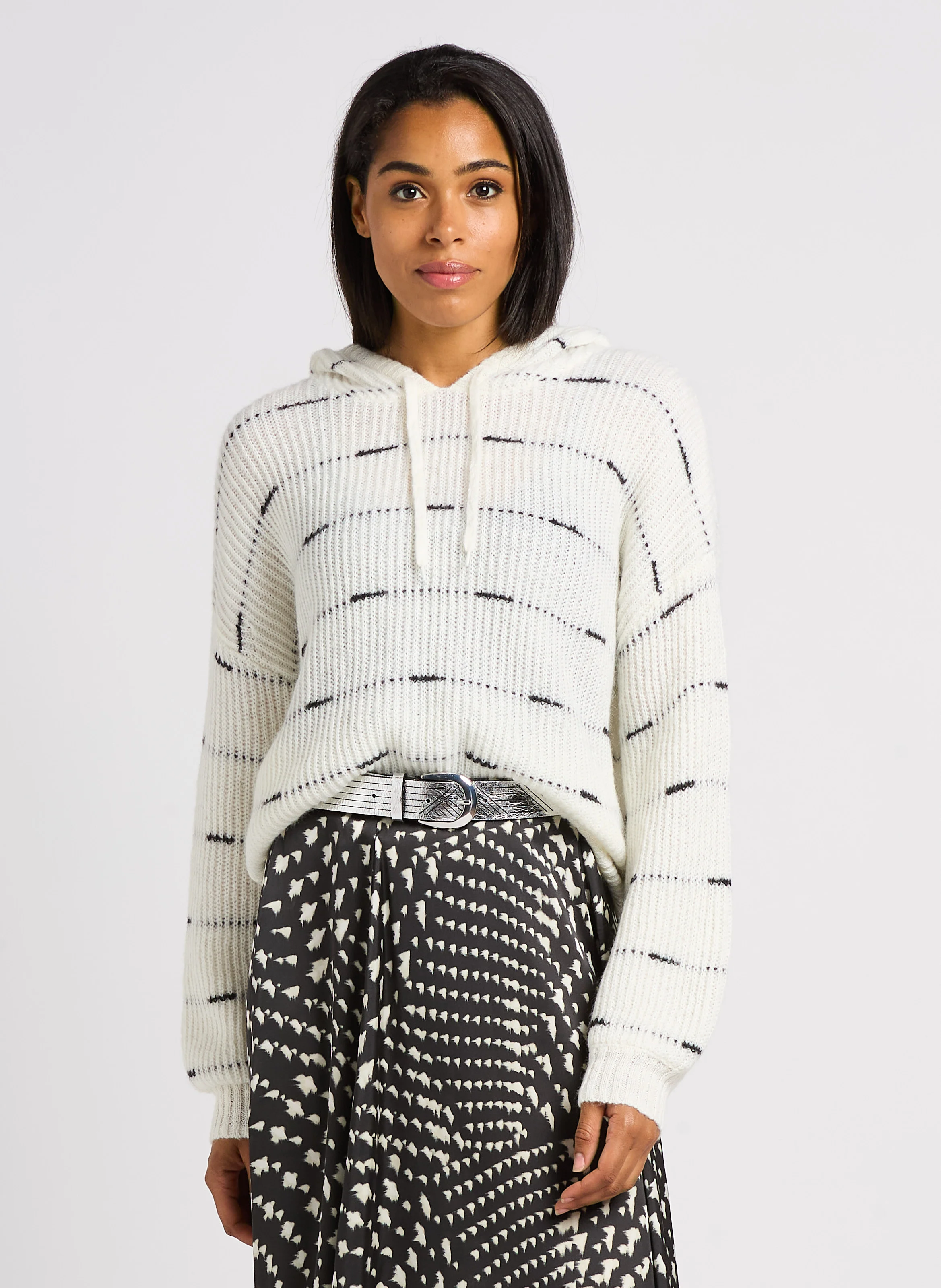 TWILL - Pull à capuche rayé en maille| Blanc