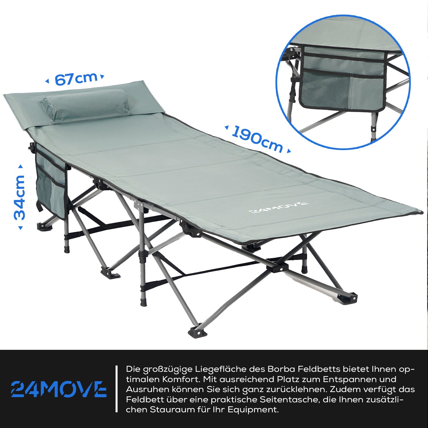 24MOVE® Feldbett Campingbett bis 150 kg In-und Outdoor Camping faltbar mit Seitentasche und Kissen