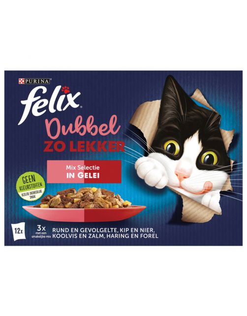 Felix Multipack Dubbel Zo Lekker Mix Selectie Gelei - Kattenvoer - Rund Kip Koolvis 12x85 g