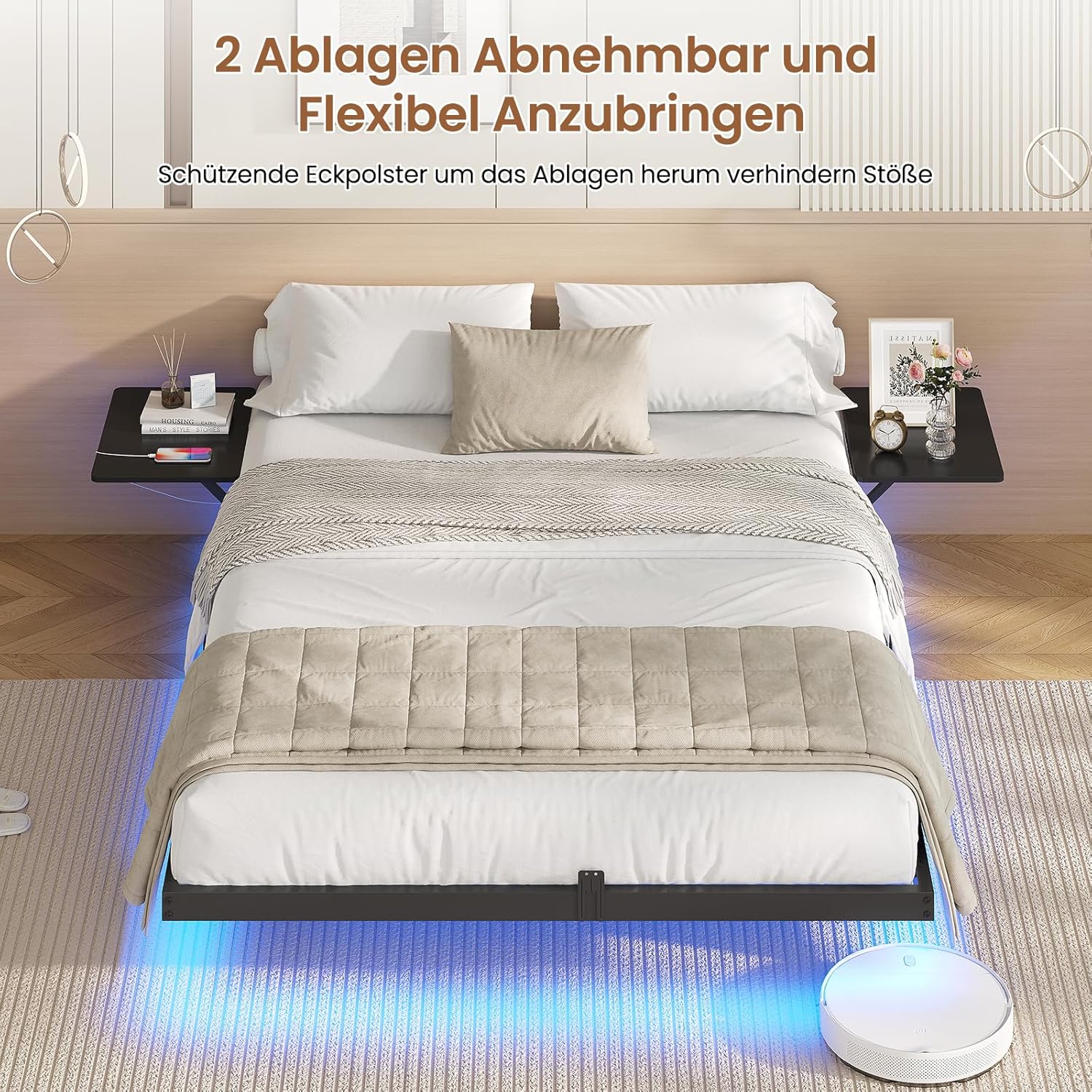 AOGLLATI Bettgestell 140x200 Bett 140x200 aus Metall mit LED Beleuchtung und Ladestation Schwebender Bettrahmen mit Aufbewahrungsregalen Metallbett mit Lattenrost Doppelbett Schwarz (Ohne Matratze)