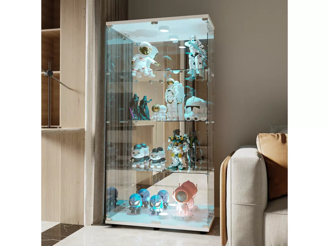Vitrine en verre 163.9 x 36.49 x 80.49 cm,avec étagères et éclairage LED, armoire de curiosités à double porte