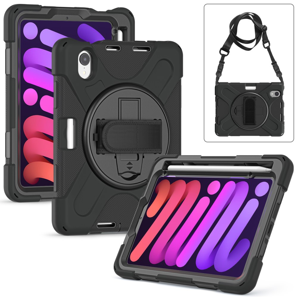 iPad Mini 7 (2024) / Mini 6 (2021) Hybrid Outdoor Silikon Case Hülle mit Aufsteller und Handschlaufe und Schultergurt - Schwarz