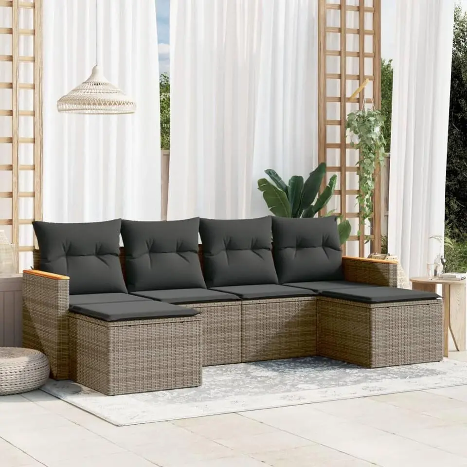 vidaXL 6-delige Loungeset voor 6 met kussens & krukken - Gris - Poly rattan