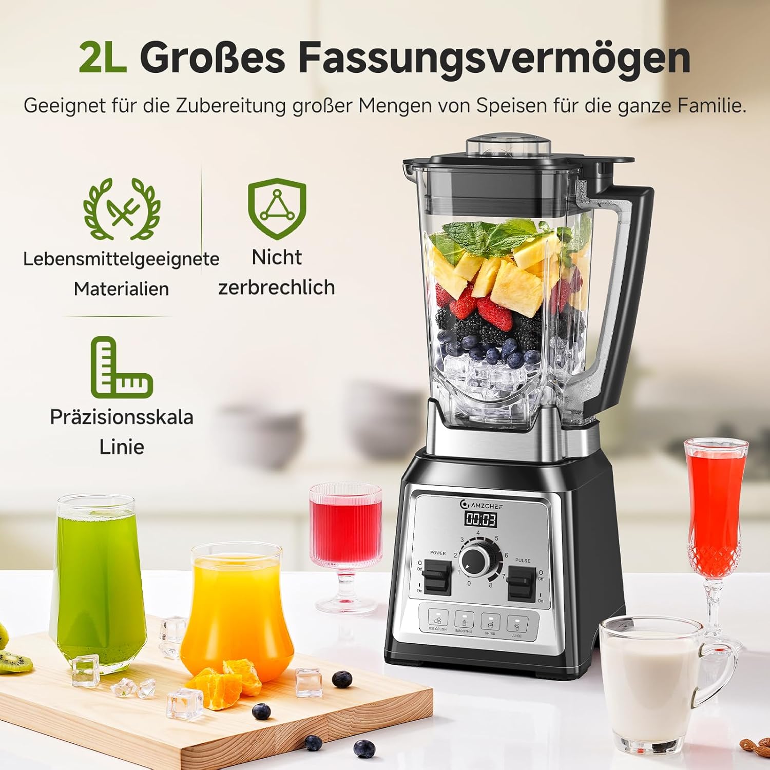 AMZCHEF Standmixer 2000 Watt | 2L Mixer Hochleistungsmixer | Blender mit 8 Einstellbaren Geschwindigkeiten und 4 Vorprogramme für Crushed Ice, Smoothie Maker, Grind Mixer | BPA-Freiem