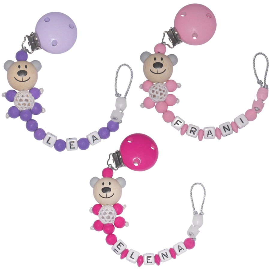 Schnullireich Schnullerkette mit Namen Häkelbär Pink