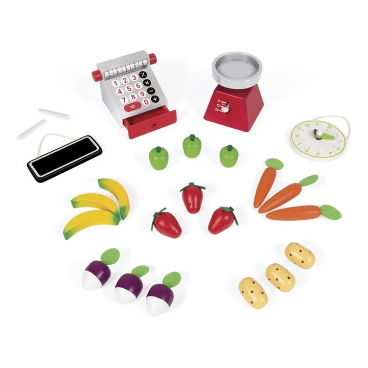 Janod Epicerie Green Market en bois avec 32 accessoires