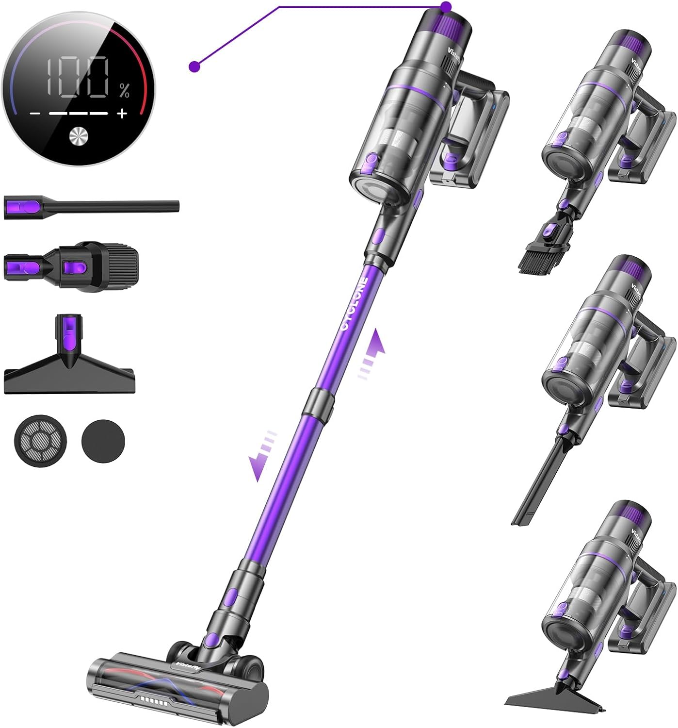Vistefly V15s Max Akku Staubsauger Kabellos 45000Pa, 580W Kabelloser Staubsauger mit Touchscreen 8 in 1 Staub Automatisch Erkennen 70 Minuten Laufzeit für Tierhaare Hartböden Teppich