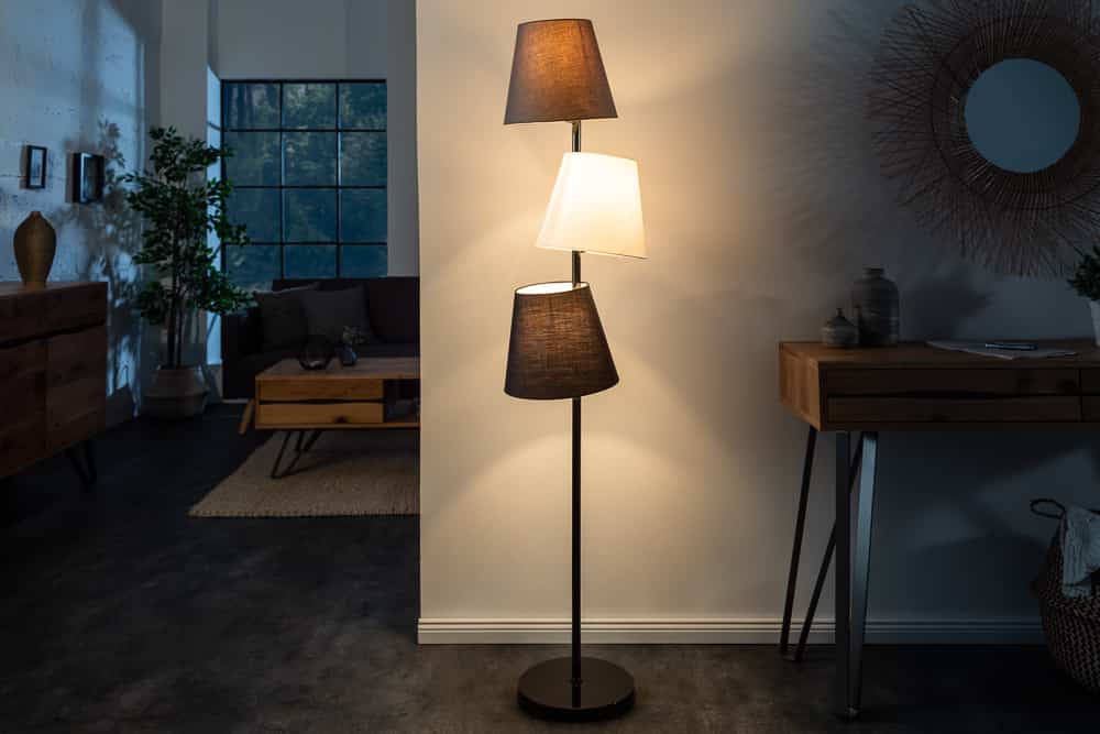 Design Stehlampe LEVELS 163cm schwarz grau mit 3 Leinenschirmen