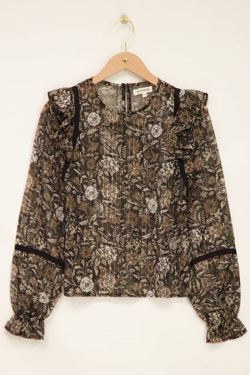 Zwarte blouse met bloemenprint en chiffon lurex