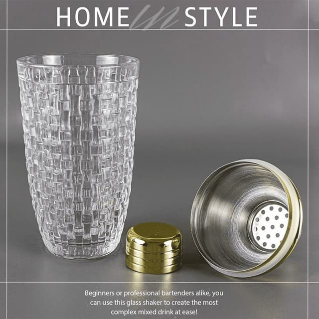 385 ml Cocktail Shaker vævet tekstur glas + låg i rustfri stål kop