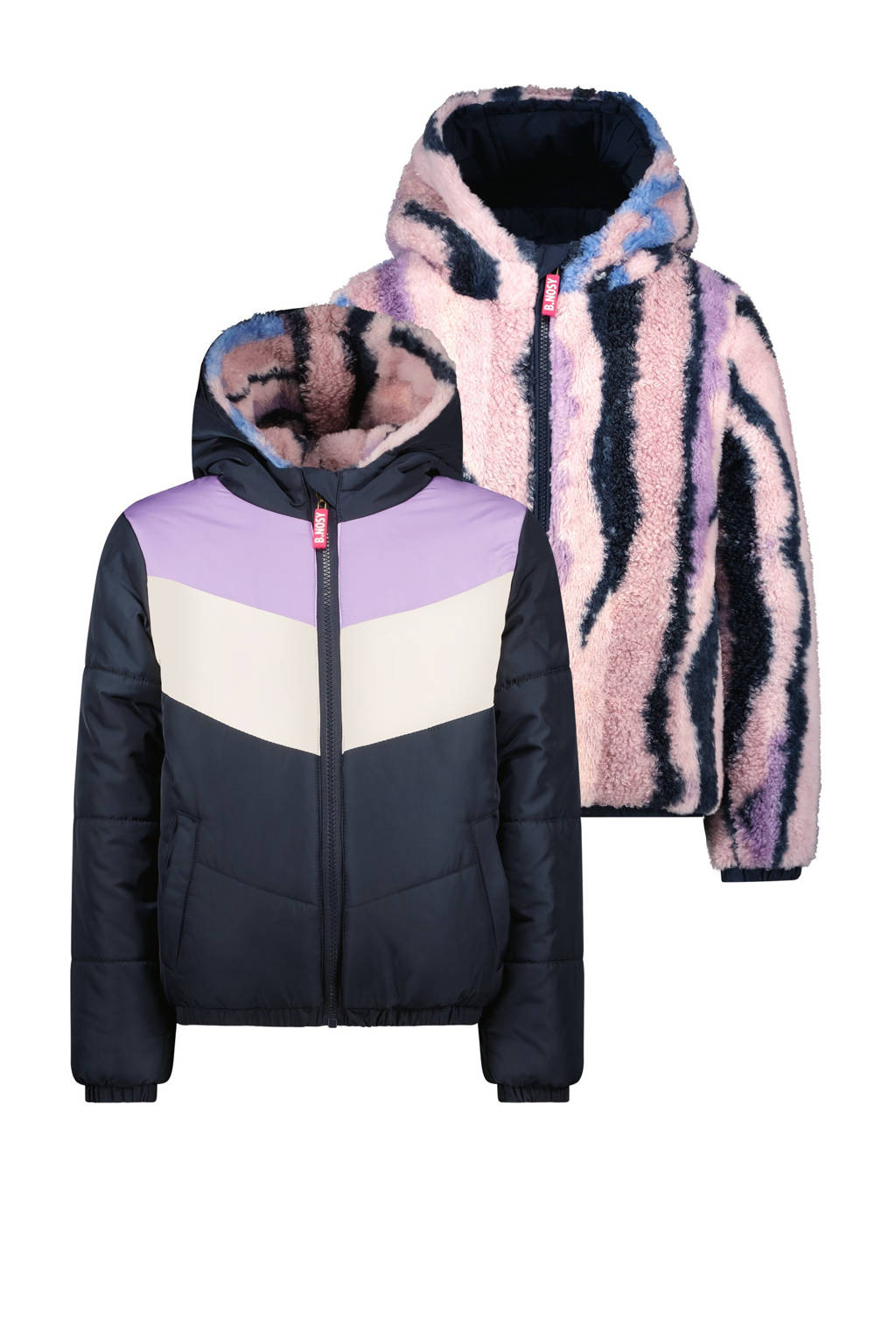 B.Nosy reversible gewatteerde winterjas Jamie met all over print donkerblauw/lila/roze