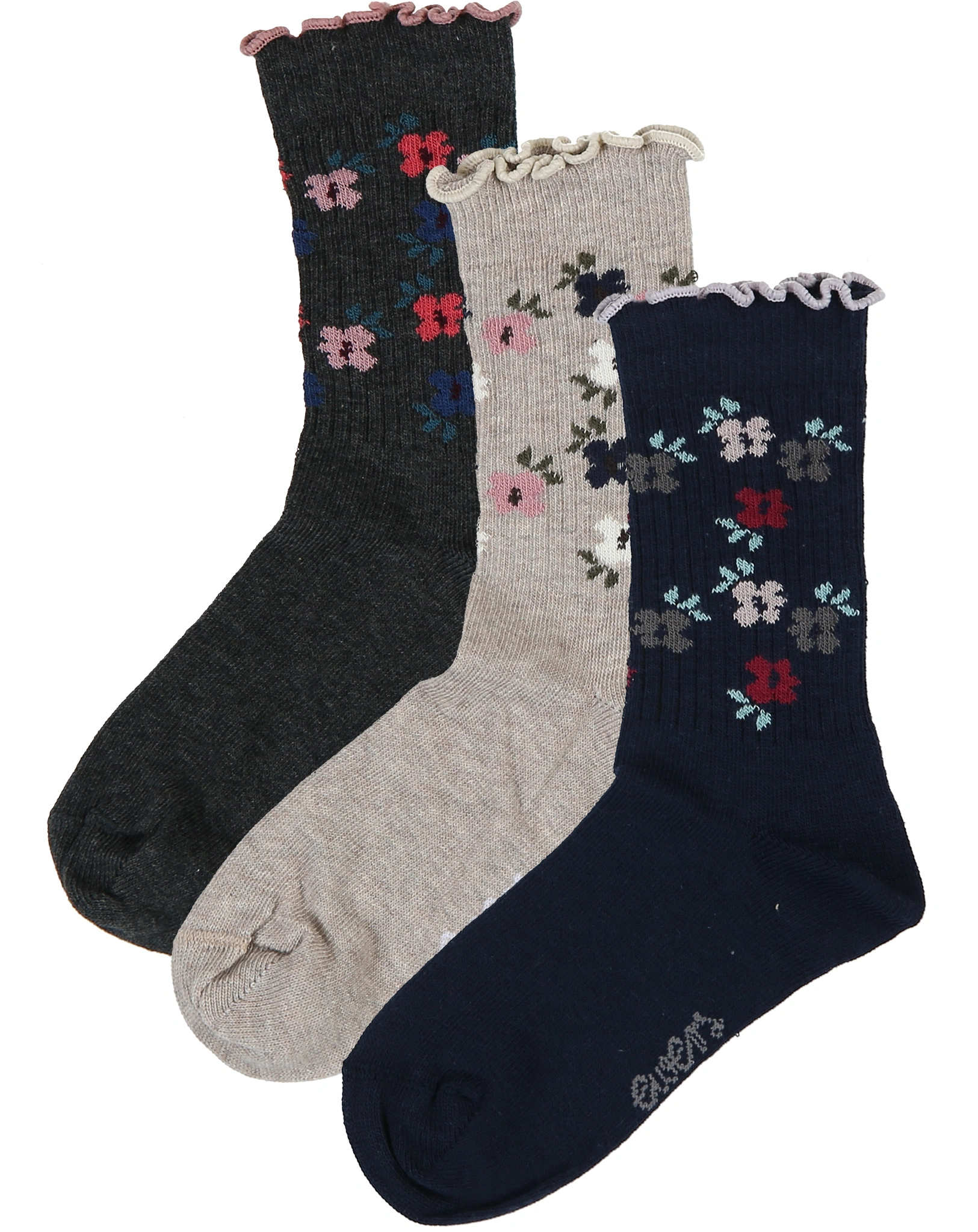 Socken BLÜMCHEN mit Rüschen 3er-Pack in navy/beige