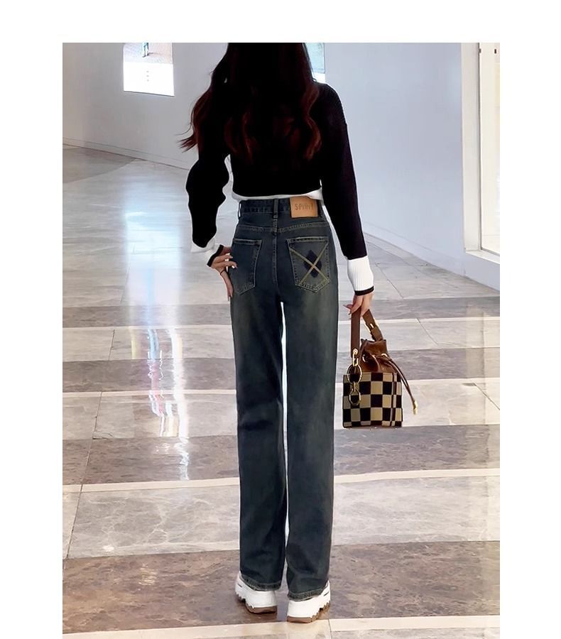 hollybunbur - Hoge taille appliqué gewassen rechte jeans
