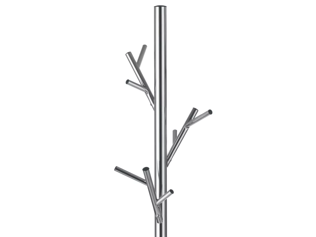 Porte-manteaux ZENO portant à vêtements sur pied en forme d'arbre avec 6 crochets sur différentes hauteurs, en métal chromé