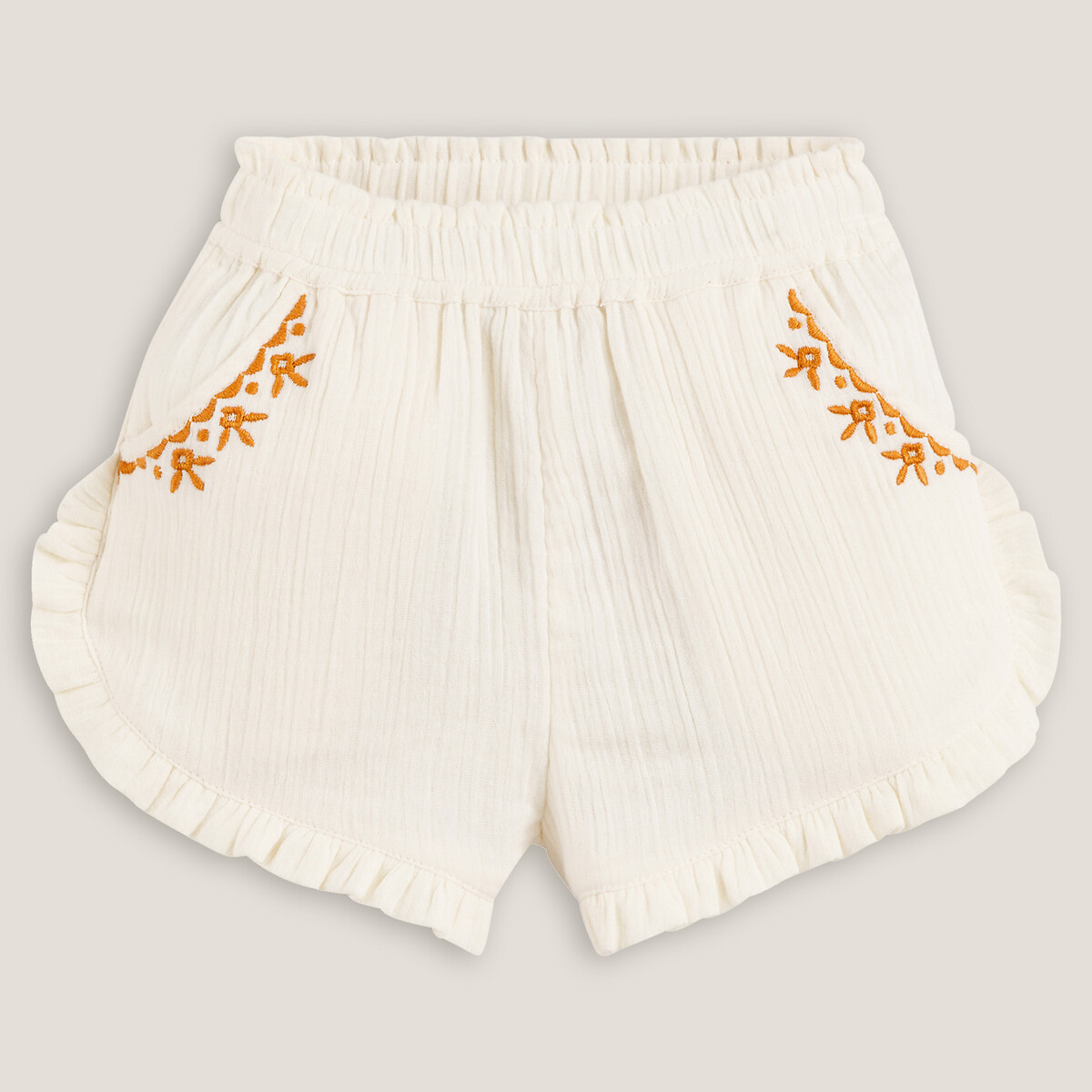 COLEÇÕES LA REDOUTE<br>Shorts bordados com babado em tecido duplo tetra