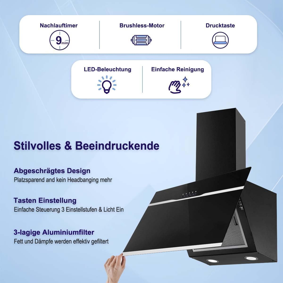 SNDOAS Dunstabzugshaube 60cm, Abzugshaube mit 350 m³/h Starker Saugleistung, 3 Geschwindigkeiten, Abluft-/Umluftmodus, Leise Betriebsgeräusche 56dB, Schwarz