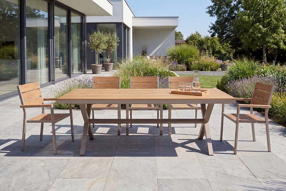 Moderner Gartenstuhl DESIGNO 90cm natur greige Aluminium stapelbar wetterfest