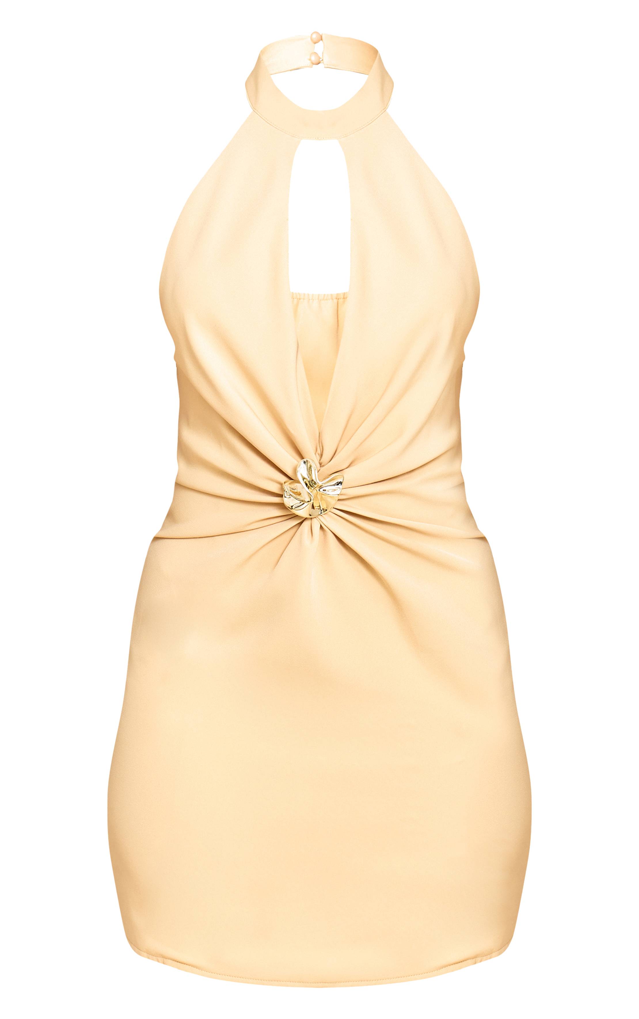 Pale Mustard Robe Mini En Tissu Tissé Froncé Avec Découpes