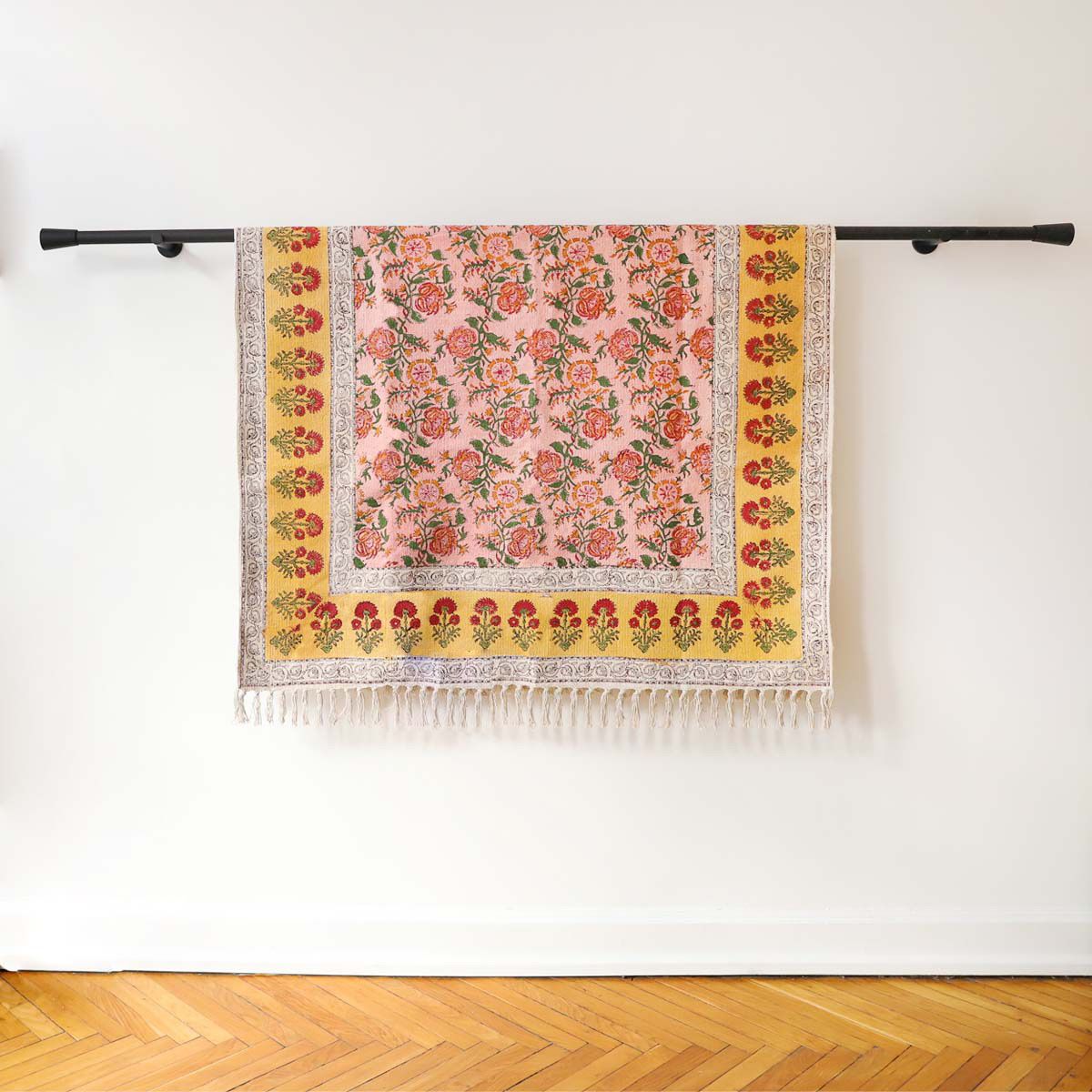 Tapis block print rose et moutarde 120x180 Pondie Chérie