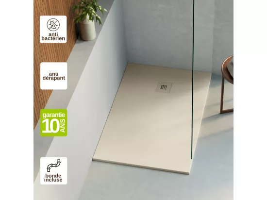 Receveur de Douche Extraplat THOR Beige 140x80x3cm - Texture Ardoise 75% Minéral, Antidérapant, Antibactérien, LAVABERG