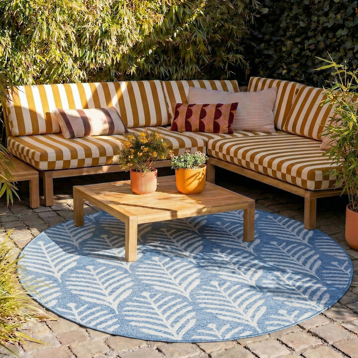 Rond buitenkleed - Summer Leaves Blauw | Botanisch