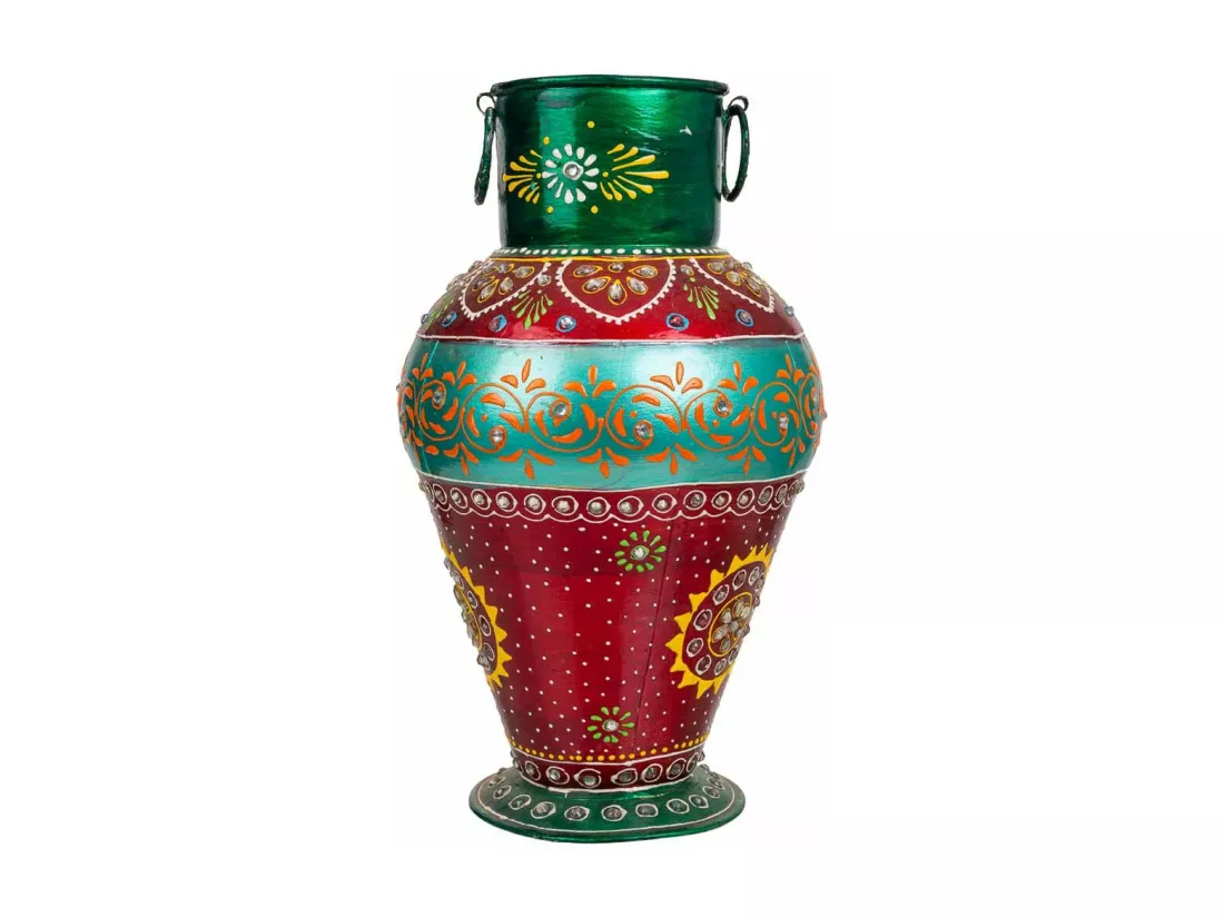 Vase en métal peint artisanalement vert/rouge 16x16x30h