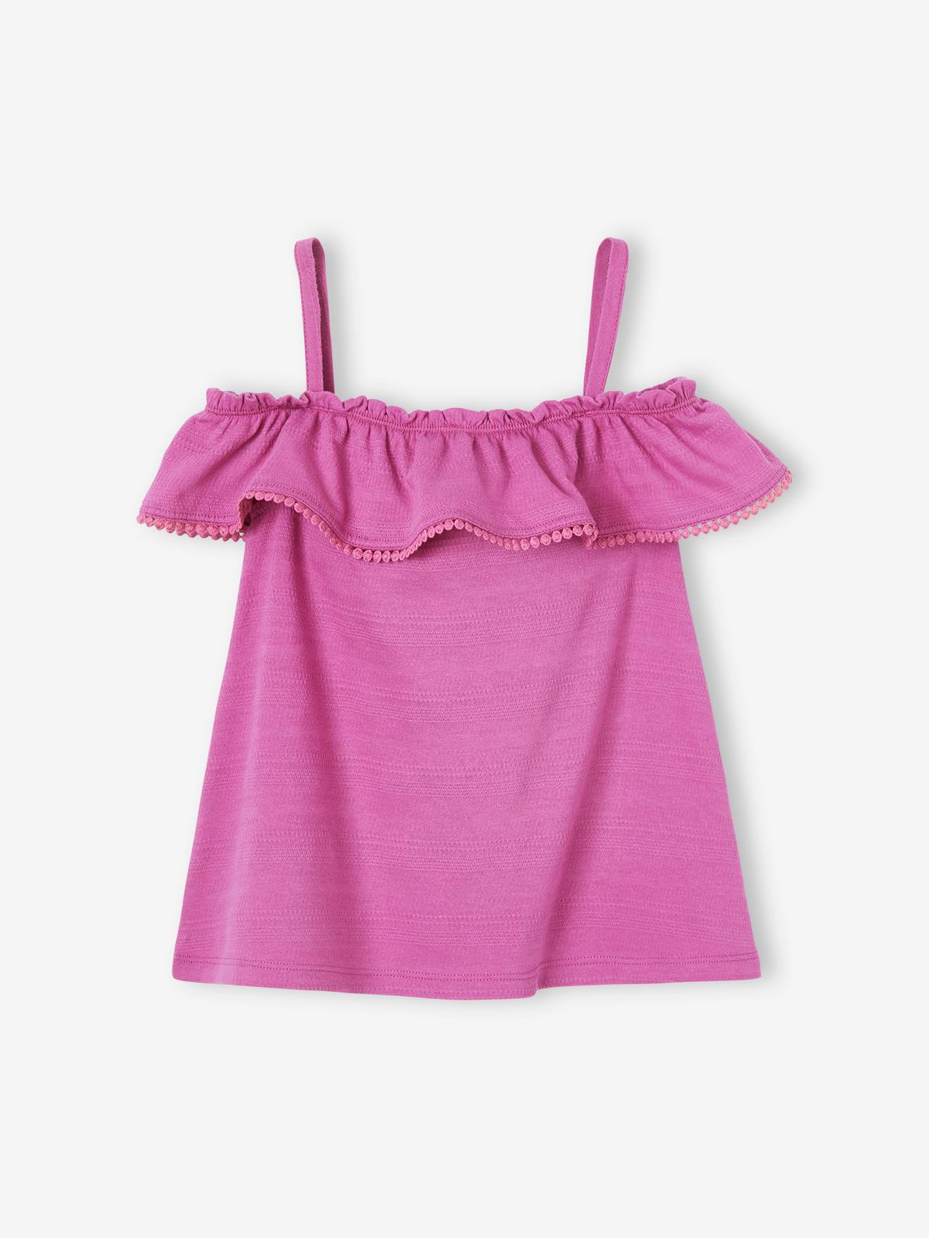 Regata rosa com estampa de peônias, tecido com babados e detalhes em relevo para meninas.